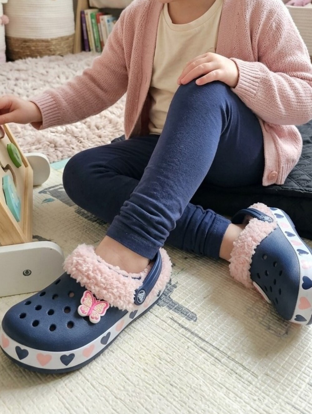 Koala Kids Navy Blue Clogs with Pink Fur and Heart Trim